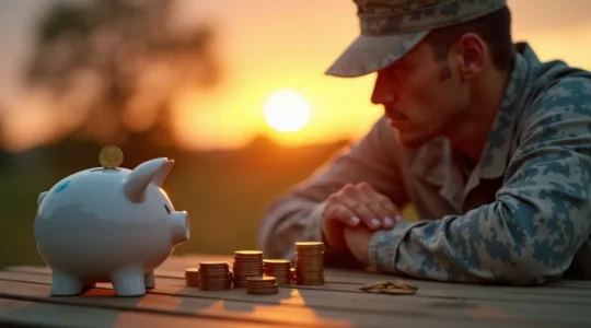 Militaire réfléchi, associé à des éléments symbolisant l'épargne et la retraite