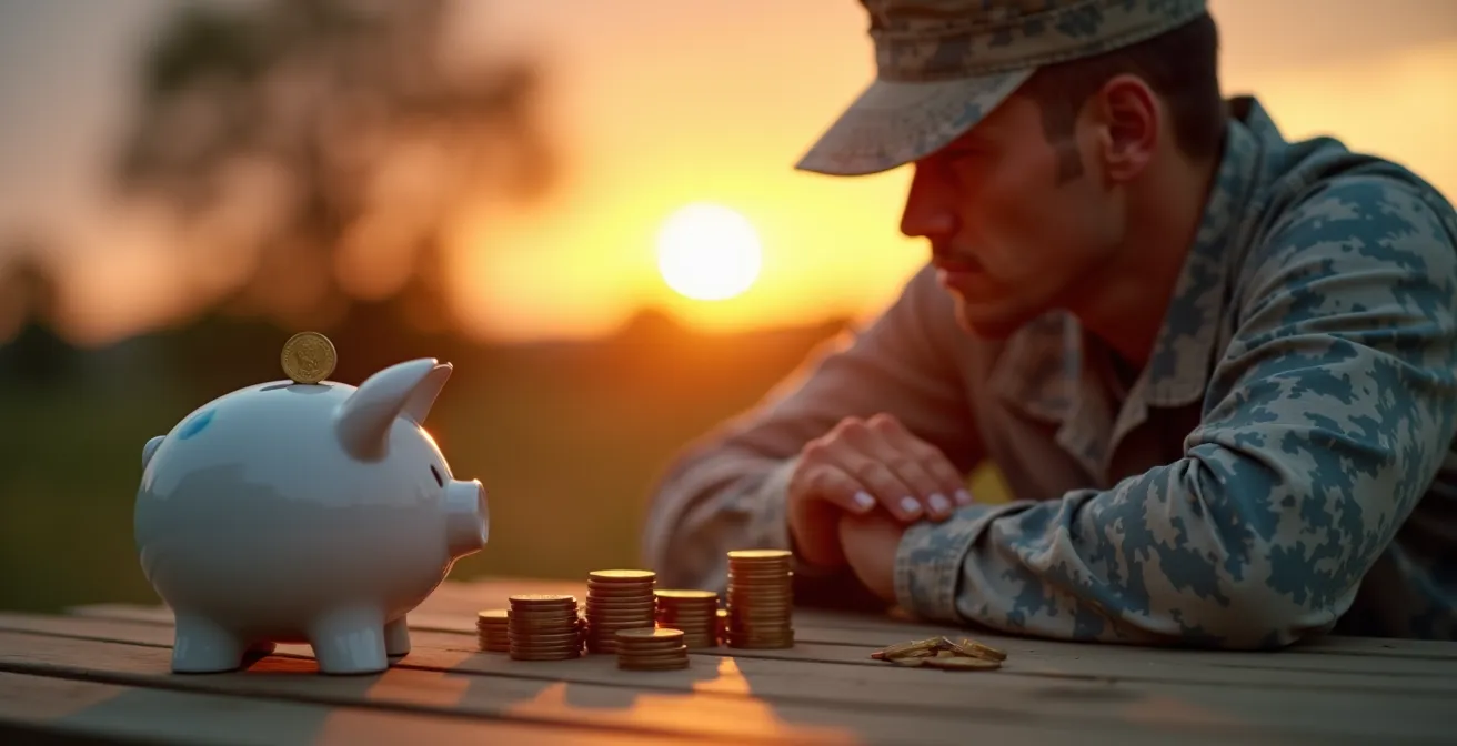 Militaire réfléchi, associé à des éléments symbolisant l'épargne et la retraite