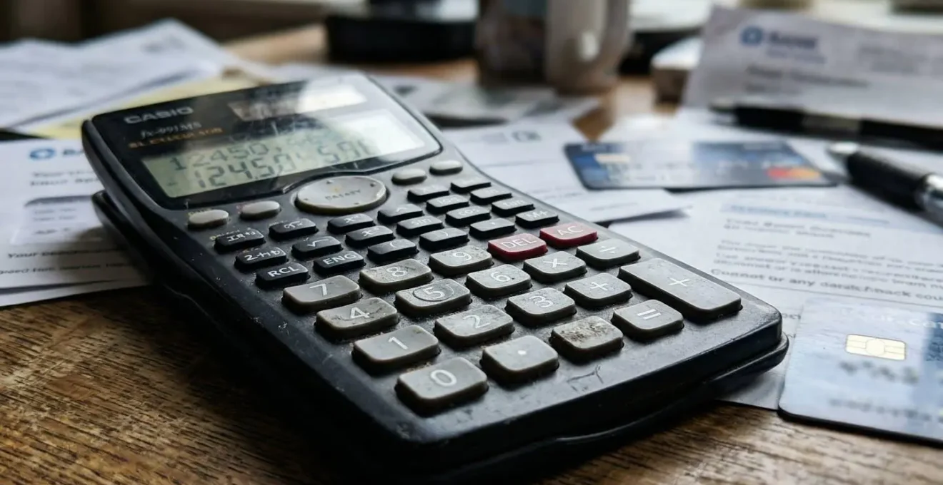 Gros plan sur une calculatrice posée sur un bureau avec des documents partiellement visibles en arrière-plan