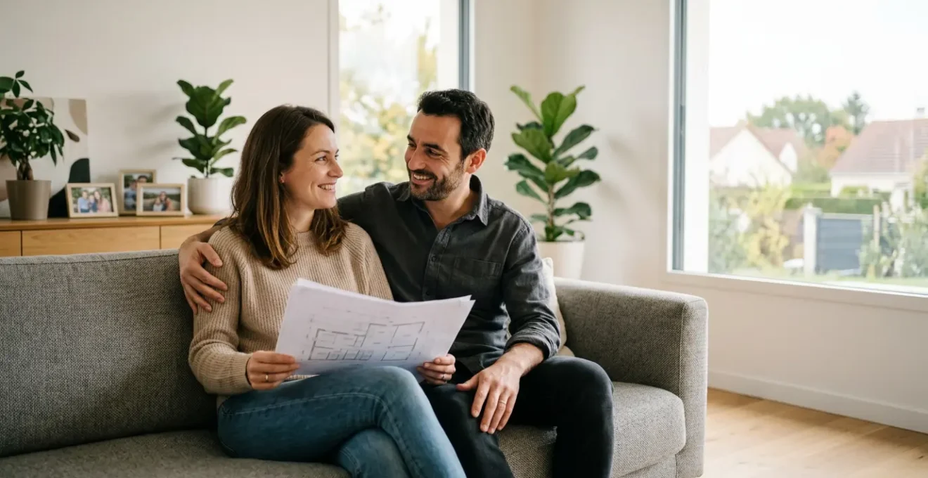 Couple serein dans leur maison contemporaine symbolisant la protection financière et la sécurité familiale face aux aléas de la vie