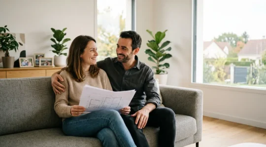 Couple serein dans leur maison contemporaine symbolisant la protection financière et la sécurité familiale face aux aléas de la vie