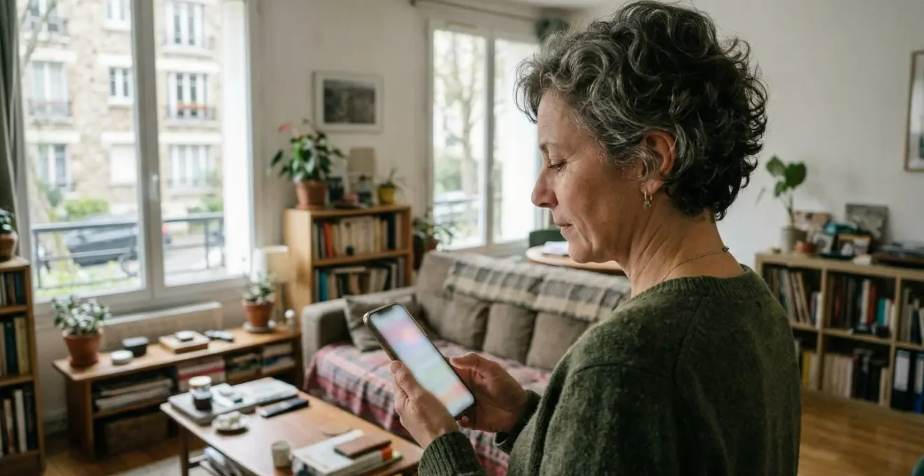 Une femme d'âge mûr consulte son smartphone avec une expression pensive, assise dans un salon lumineux