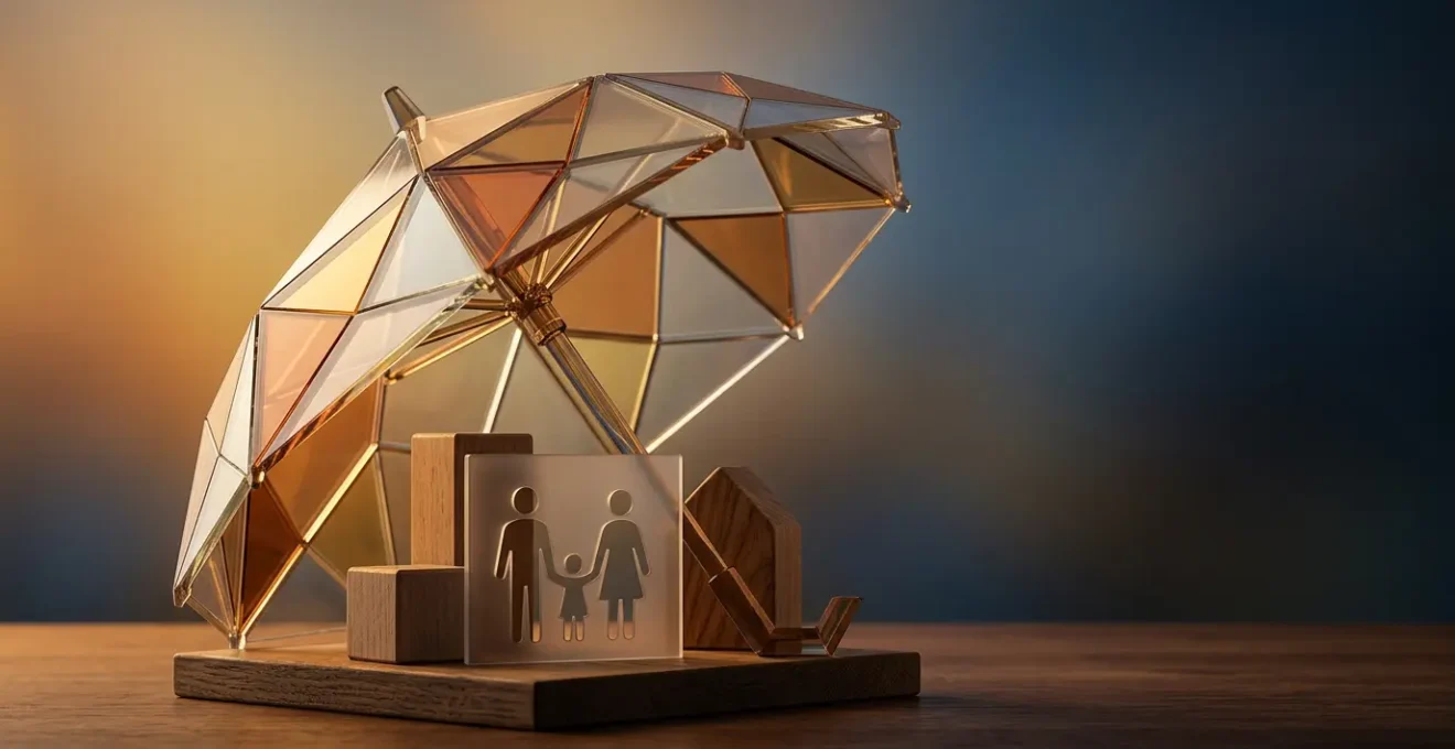 Représentation symbolique de la protection financière d'une famille face aux imprévus de la vie