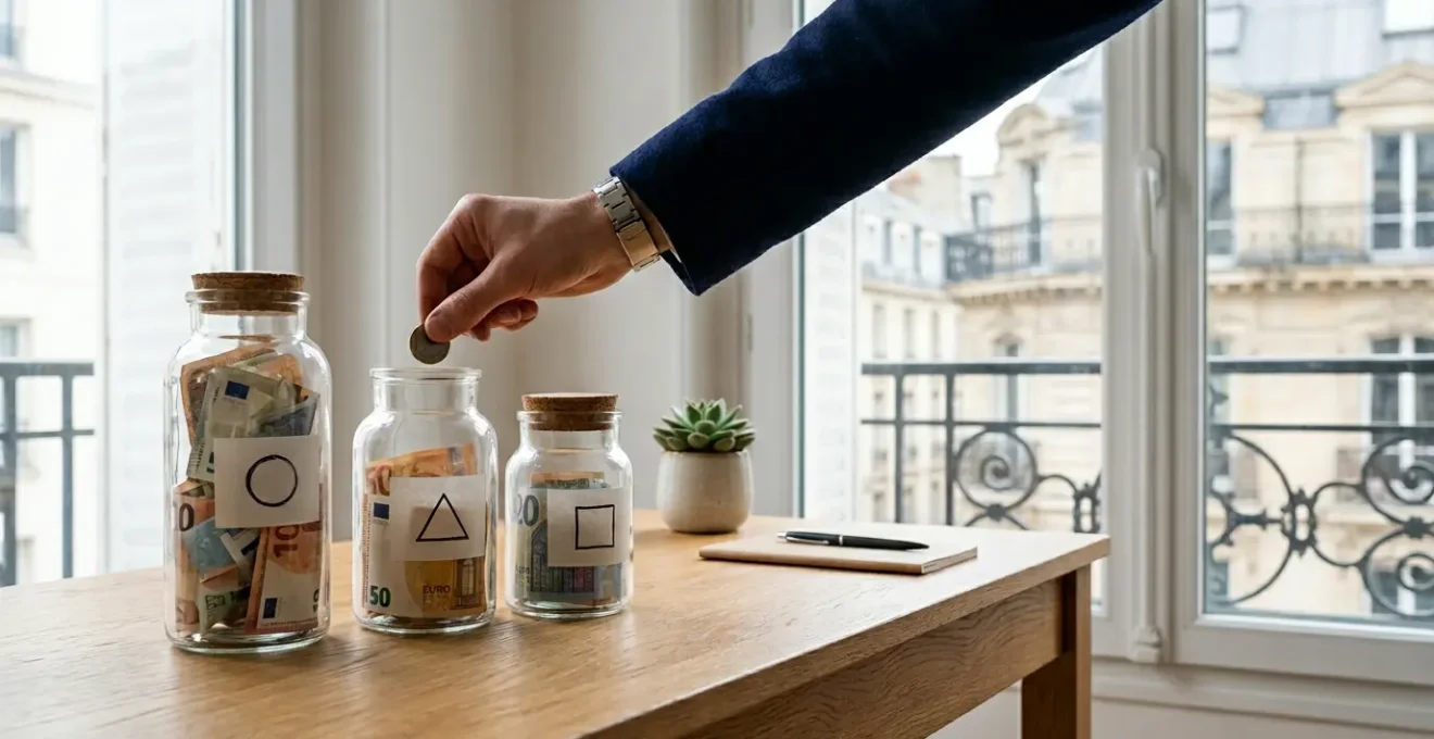 Personne organisant ses finances avec plusieurs enveloppes d'épargne et projets visualisés de manière organisée