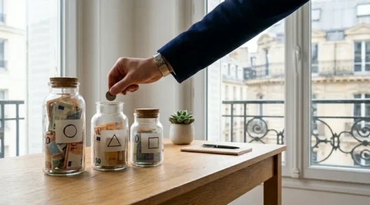 Personne organisant ses finances avec plusieurs enveloppes d'épargne et projets visualisés de manière organisée