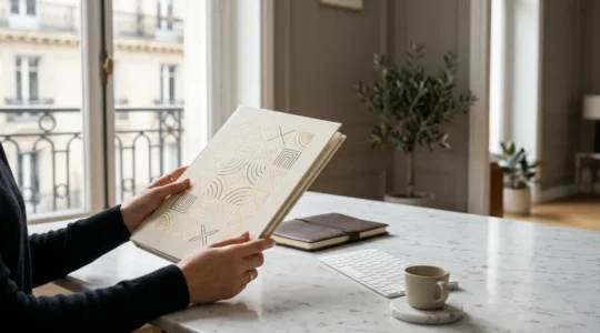 Investisseur consultant un plan d'épargne actions avec des documents financiers dans un environnement moderne et lumineux