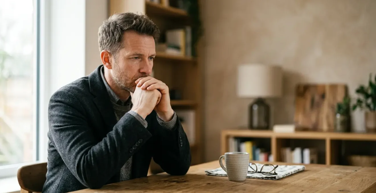 Investisseur en pleine réflexion face à ses décisions financières, moment de questionnement authentique