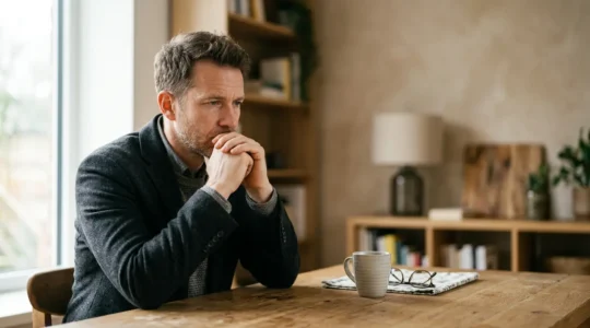Investisseur en pleine réflexion face à ses décisions financières, moment de questionnement authentique