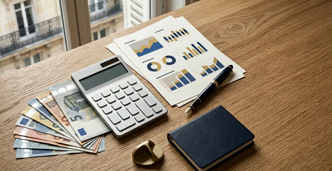 Composition professionnelle illustrant l'optimisation fiscale avec des éléments financiers et des outils de calcul dans une ambiance lumineuse naturelle