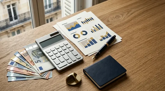Composition professionnelle illustrant l'optimisation fiscale avec des éléments financiers et des outils de calcul dans une ambiance lumineuse naturelle