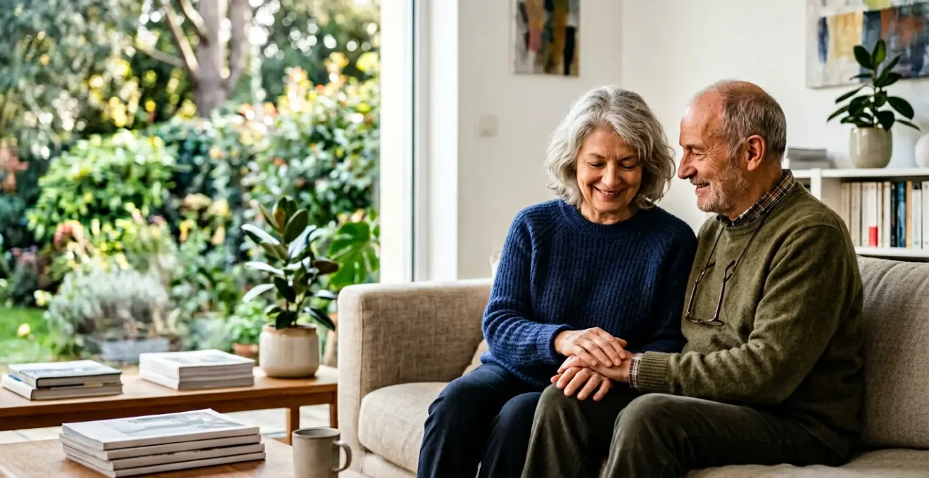 Couple de seniors assis paisiblement dans un salon lumineux avec vue sur jardin, symbolisant la sécurité financière et la sérénité en fin de vie