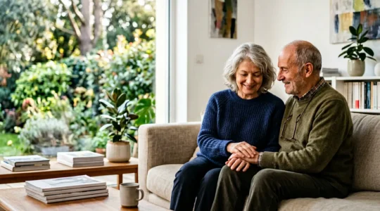 Couple de seniors assis paisiblement dans un salon lumineux avec vue sur jardin, symbolisant la sécurité financière et la sérénité en fin de vie