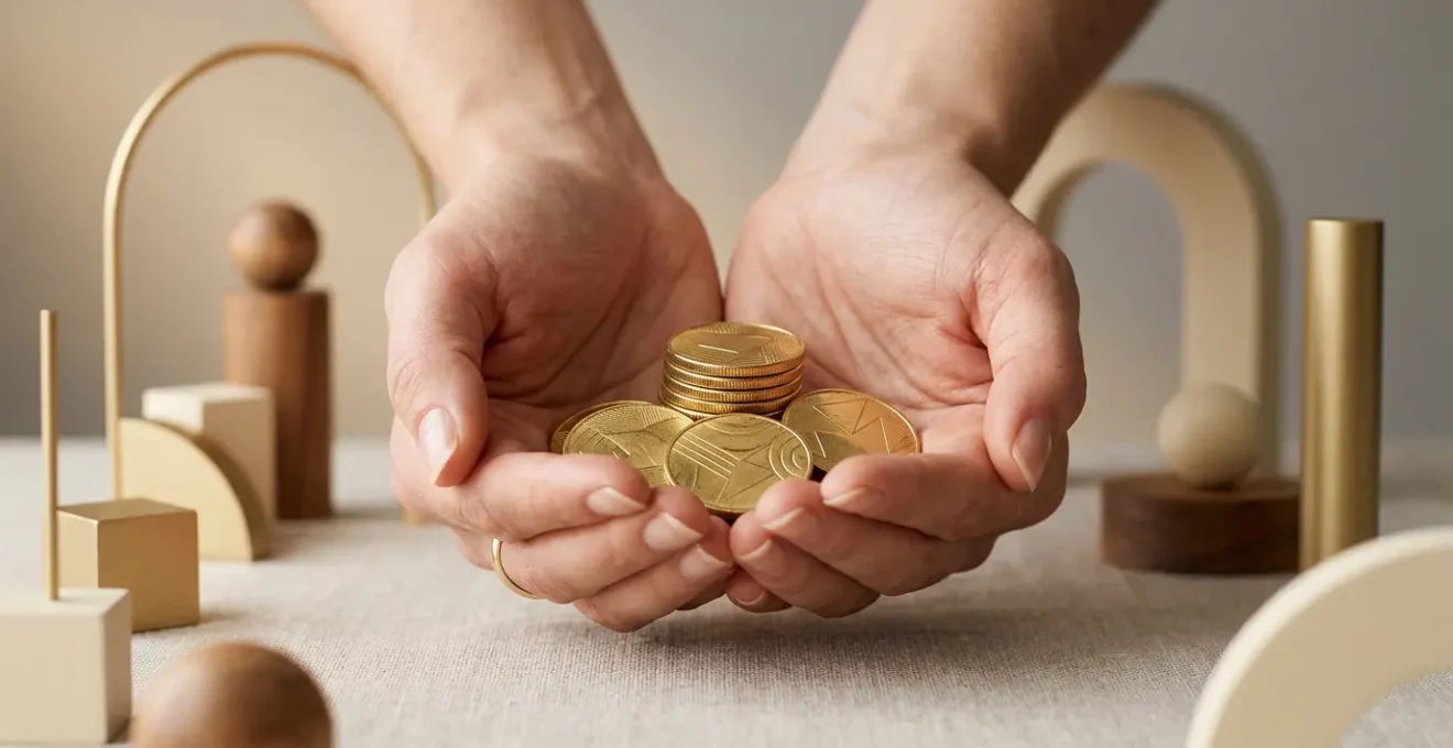 Une main protégeant symboliquement une pile de pièces de monnaie dorées avec un graphique de croissance en arrière-plan, évoquant la sécurité et la préservation du capital