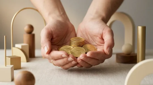 Une main protégeant symboliquement une pile de pièces de monnaie dorées avec un graphique de croissance en arrière-plan, évoquant la sécurité et la préservation du capital