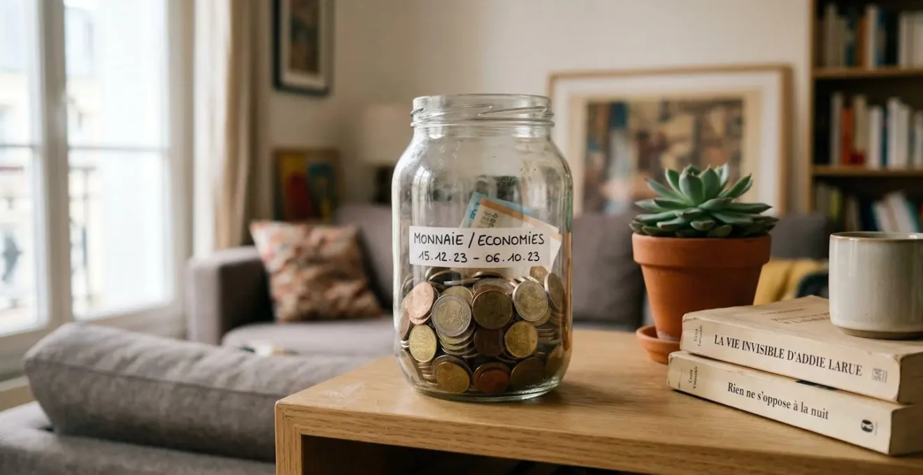Un bocal en verre contenant des pièces de monnaie posé sur une étagère dans un salon contemporain
