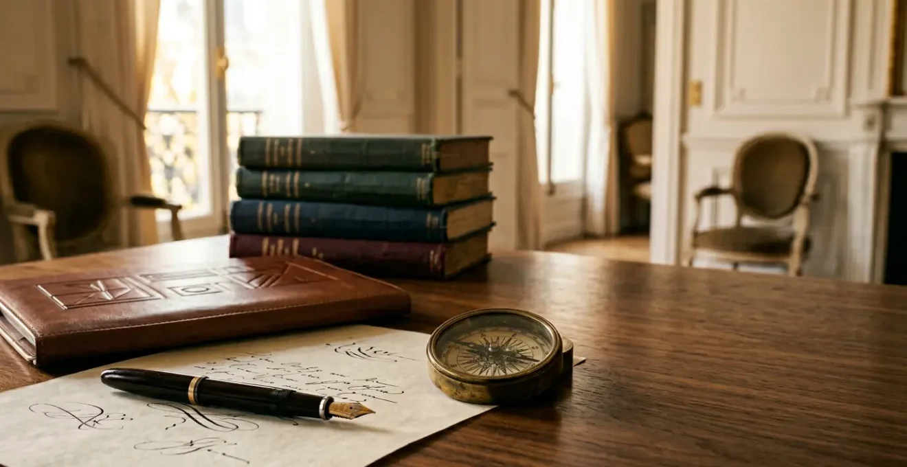 Scène symbolisant la transmission patrimoniale intergénérationnelle avec documents notariés et architecture française