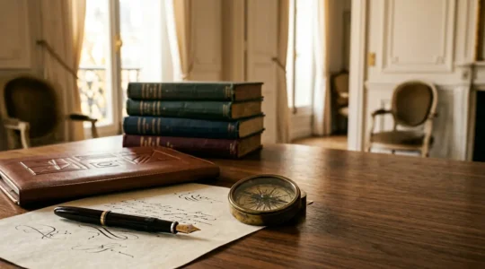 Scène symbolisant la transmission patrimoniale intergénérationnelle avec documents notariés et architecture française