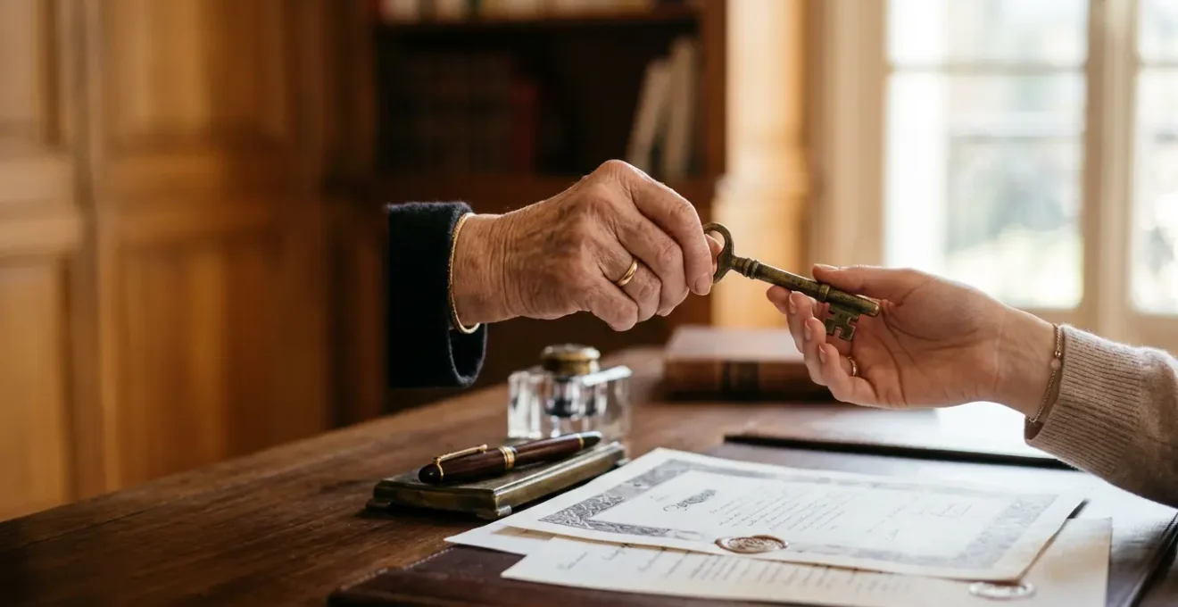 Scène symbolisant la transmission patrimoniale intergénérationnelle et la sécurité financière familiale