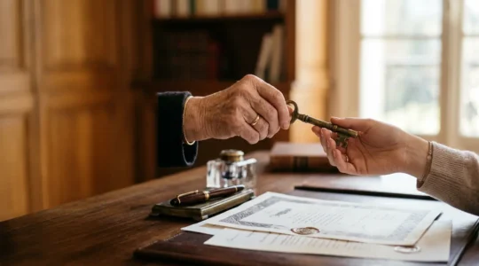 Scène symbolisant la transmission patrimoniale intergénérationnelle et la sécurité financière familiale