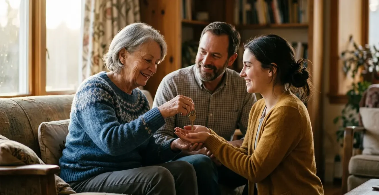 Scène évoquant la transmission patrimoniale entre générations avec une dimension émotionnelle et stratégique