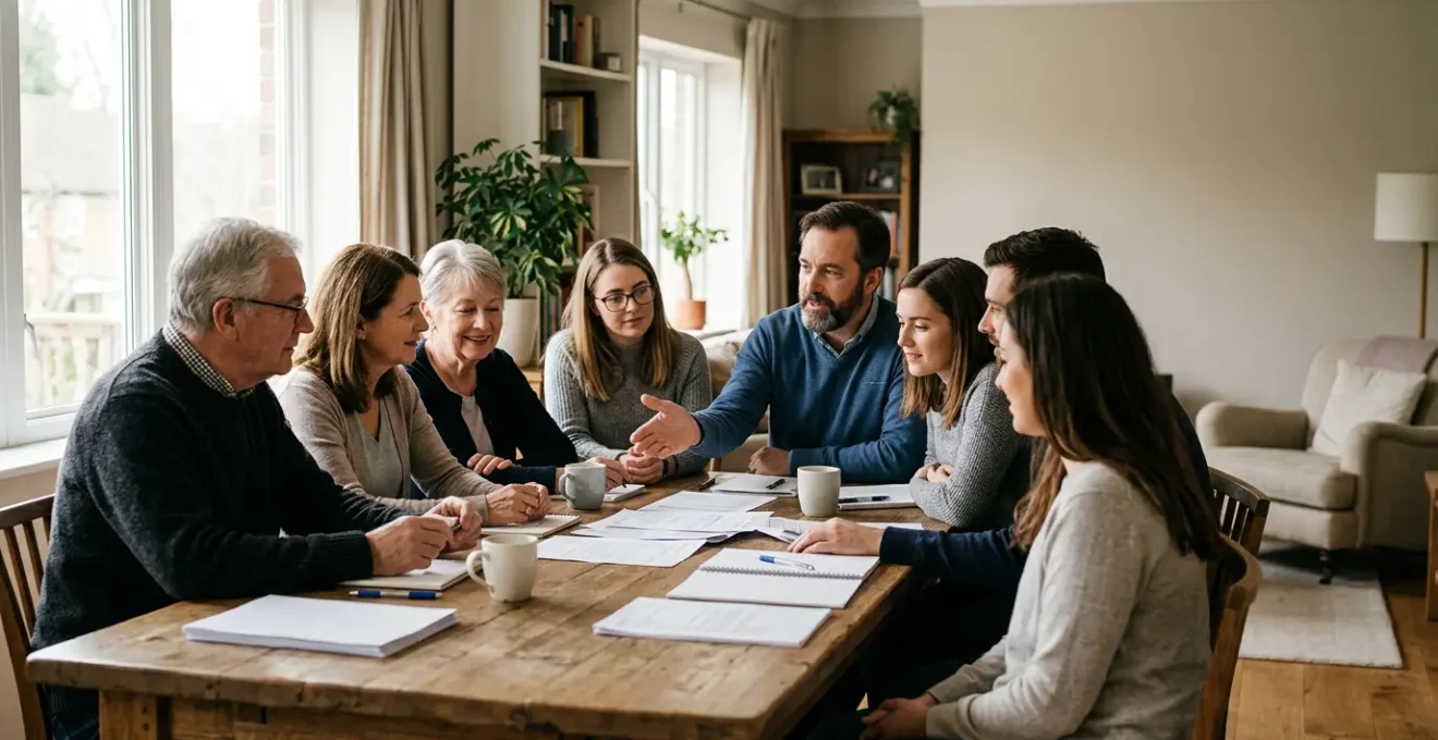 Scène illustrant la transmission de patrimoine dans une famille recomposée avec harmonie et dialogue
