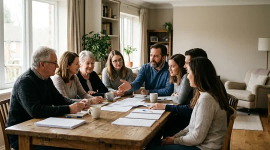 Scène illustrant la transmission de patrimoine dans une famille recomposée avec harmonie et dialogue