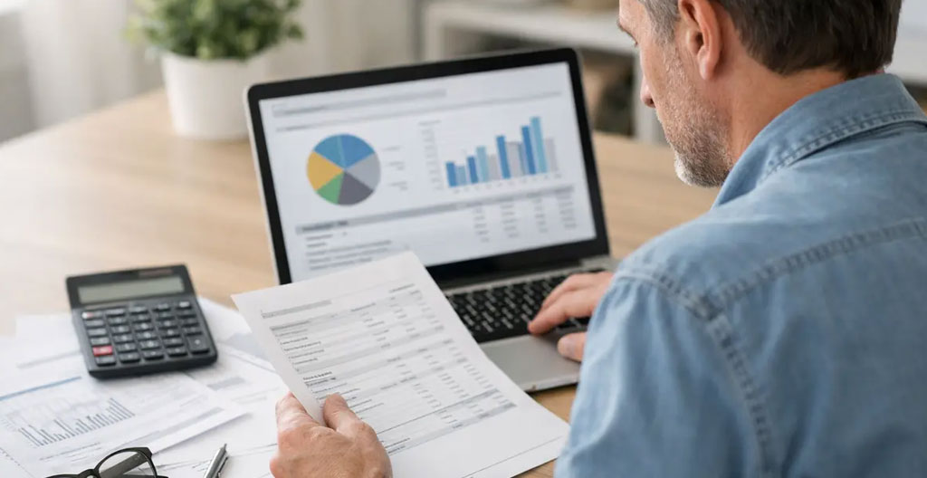 Tablette tactile affichant un tableau de bord financier avec courbes de performance et répartition d'actifs, posée sur bureau avec carnet et café, mains consultant les données.