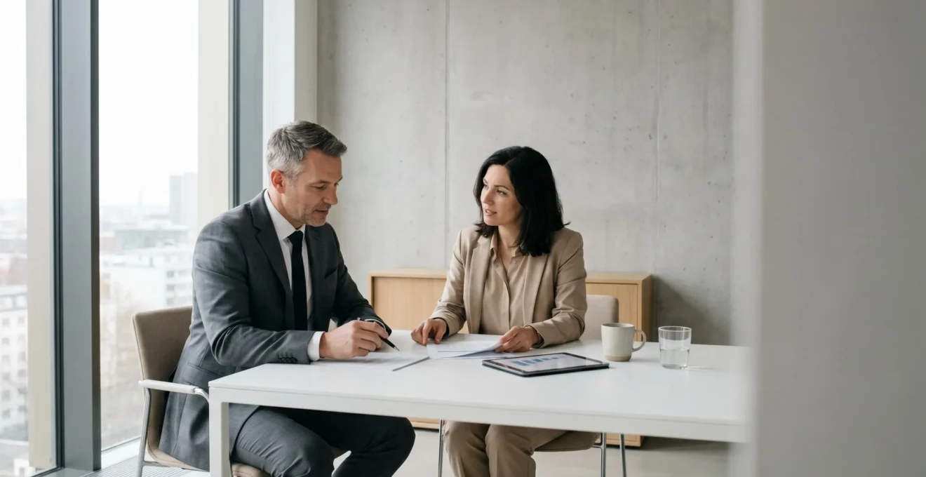 Conseiller en gestion de patrimoine échangeant avec une cliente dans un bureau moderne autour de documents financiers et d'une tablette, ambiance lumineuse et professionnelle.