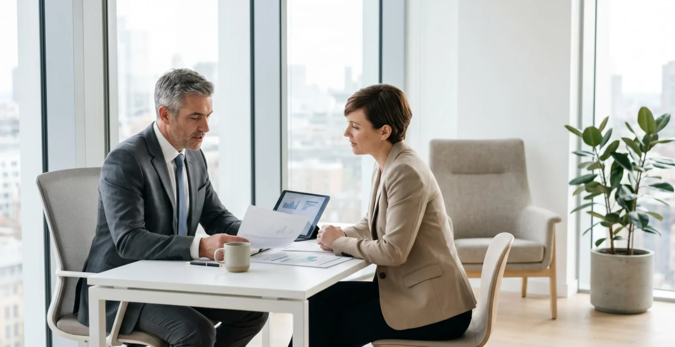 Conseiller en gestion de patrimoine échangeant avec une cliente dans un bureau moderne autour de documents financiers et d'une tablette, ambiance lumineuse et professionnelle.