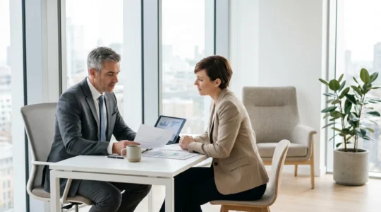 Conseiller en gestion de patrimoine échangeant avec une cliente dans un bureau moderne autour de documents financiers et d'une tablette, ambiance lumineuse et professionnelle.