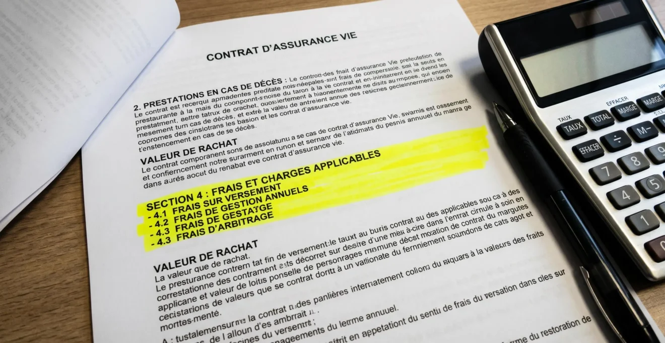 Contrat d'assurance vie avec section de frais surlignée en jaune, calculatrice et stylo à proximité, éclairage direct créant des contrastes marqués.