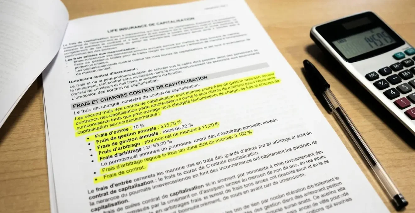 Contrat d'assurance vie avec section de frais surlignée en jaune, calculatrice et stylo à proximité, éclairage direct créant des contrastes marqués.