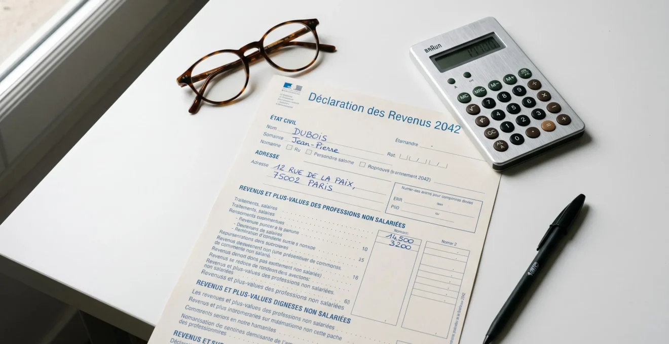 Formulaire de déclaration d'impôts 2042 posé sur un bureau blanc avec calculatrice, stylo et lunettes, éclairage naturel latéral.