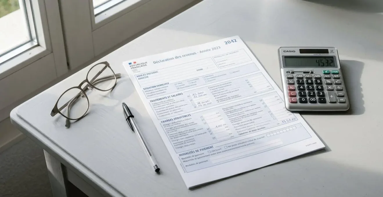 Formulaire de déclaration d'impôts 2042 posé sur un bureau blanc avec calculatrice, stylo et lunettes, éclairage naturel latéral.
