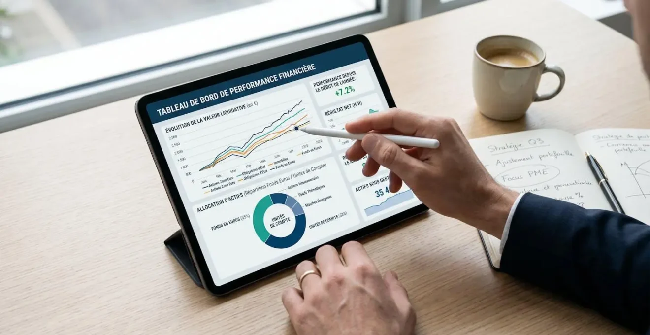 Tablette tactile affichant un tableau de bord financier avec courbes de performance et répartition d'actifs, posée sur bureau avec carnet et café, mains consultant les données.