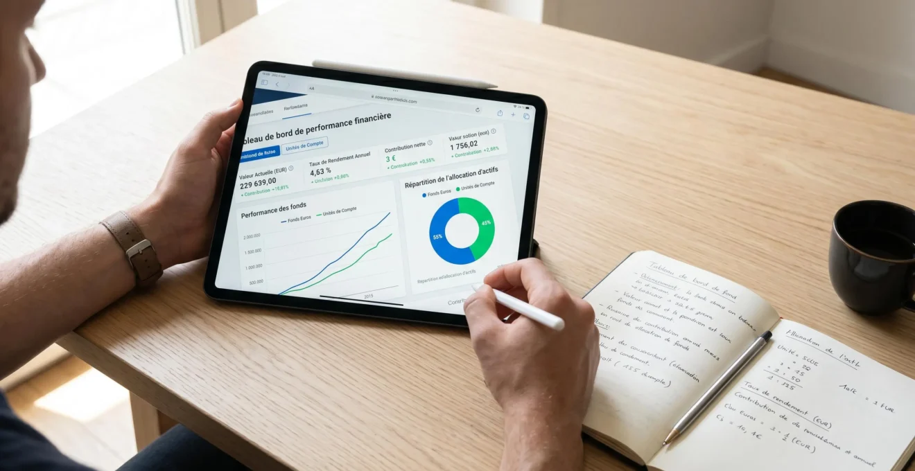 Tablette tactile affichant un tableau de bord financier avec courbes de performance et répartition d'actifs, posée sur bureau avec carnet et café, mains consultant les données.