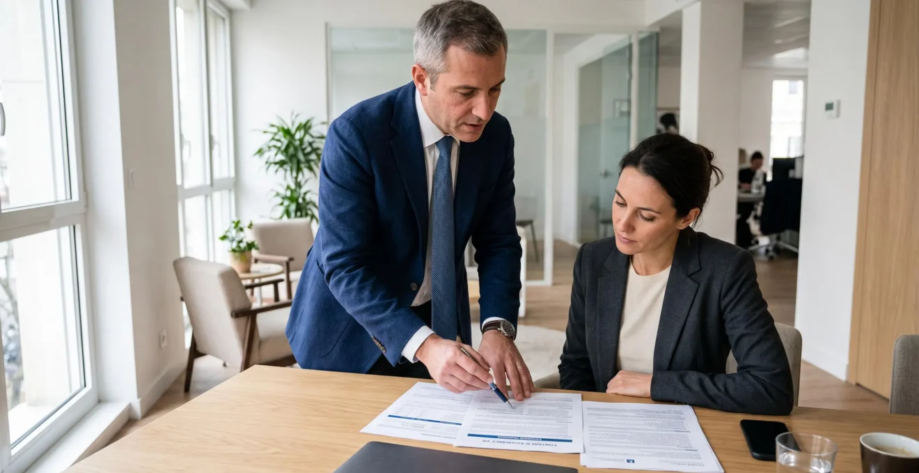 Conseiller financier debout expliquant des documents de contrat d'assurance-vie à un client dans un bureau de gestion de patrimoine français.