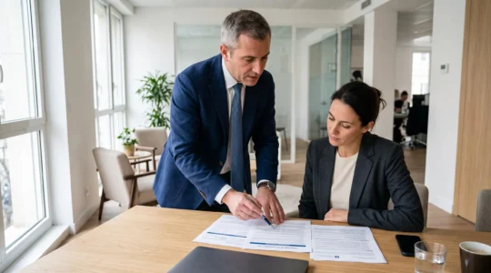 Conseiller financier debout expliquant des documents de contrat d'assurance-vie à un client dans un bureau de gestion de patrimoine français.