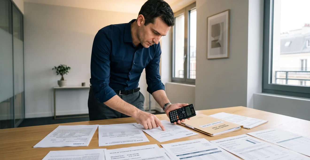 Conseiller fiscal debout examinant des documents de calcul d'assurance-vie avec une calculatrice sur une table de travail dans un bureau professionnel.