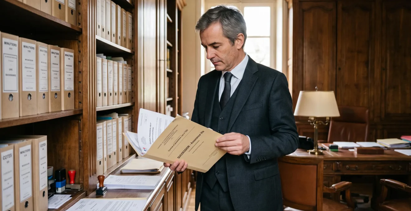 Notaire dans une étude française traditionnelle examinant un dossier de succession contenant des documents d'assurance-vie.