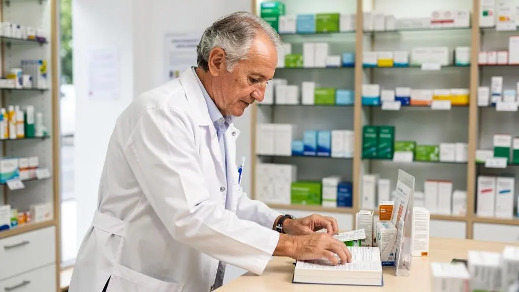 Pharmacien français d'environ soixante-cinq ans en blouse blanche travaillant activement derrière le comptoir d'une pharmacie moderne