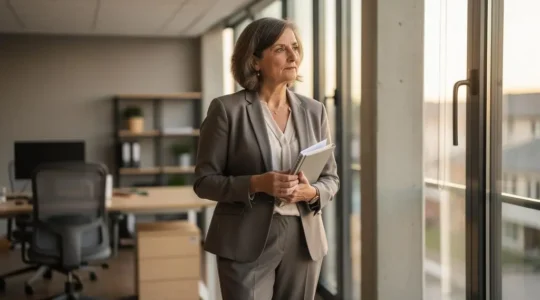 Professionnelle française d'environ soixante ans debout près d'une fenêtre dans un bureau moderne, tenant un document et regardant pensivement vers l'extérieur