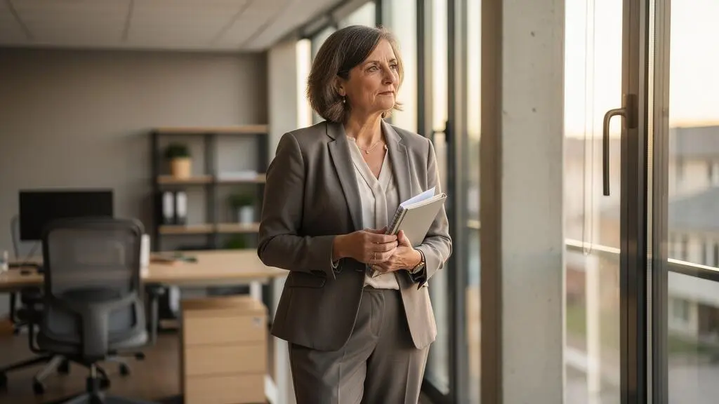 Professionnelle française d'environ soixante ans debout près d'une fenêtre dans un bureau moderne, tenant un document et regardant pensivement vers l'extérieur