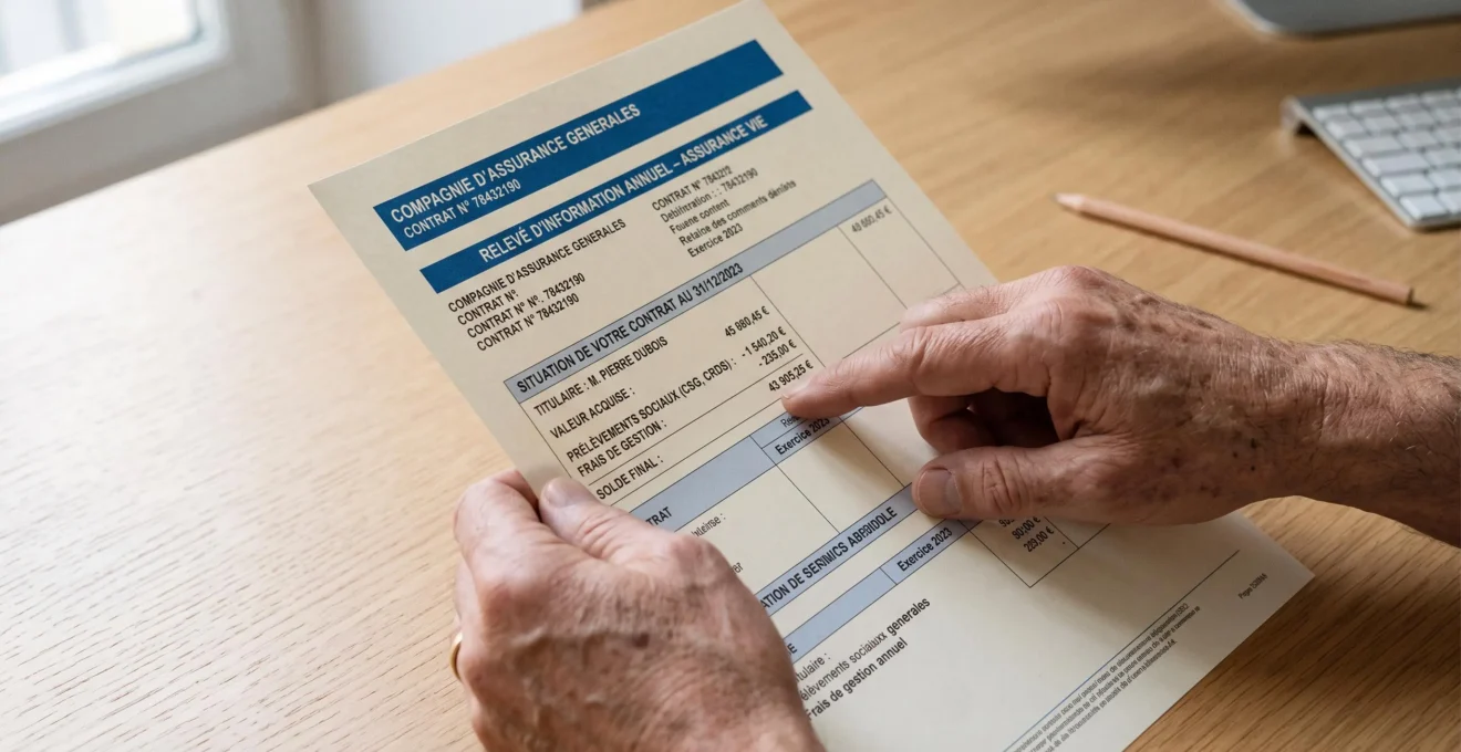 Gros plan de mains examinant un relevé annuel d'assurance-vie montrant les prélèvements de contributions sociales sur un bureau.
