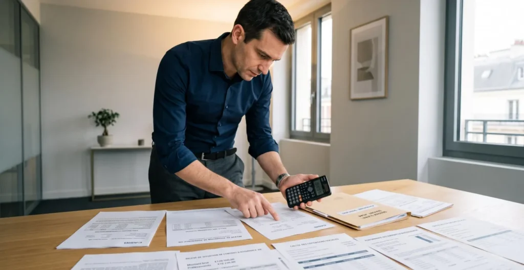 Conseiller fiscal debout examinant des documents de calcul d'assurance-vie avec une calculatrice sur une table de travail dans un bureau professionnel. Conseiller fiscal debout examinant des documents de calcul d'assurance-vie avec une calculatrice sur une table de travail dans un bureau professionnel.