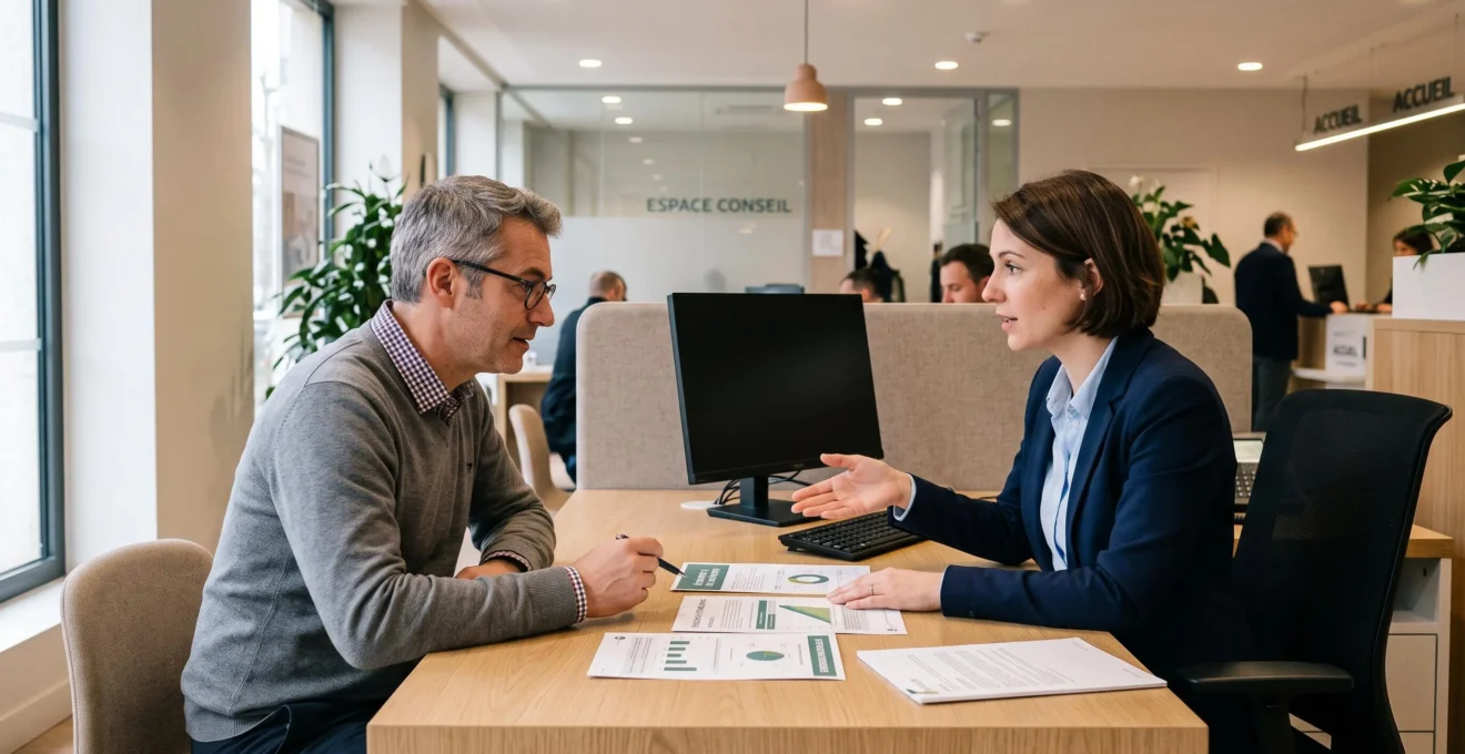 Conseiller bancaire discutant avec un client de l'optimisation de son épargne dans une agence française