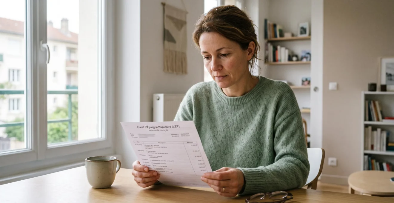 Personne consultant attentivement son relevé de compte d'épargne LEP à domicile