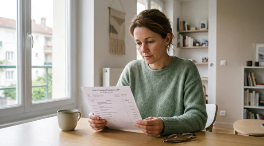Personne consultant attentivement son relevé de compte d'épargne LEP à domicile