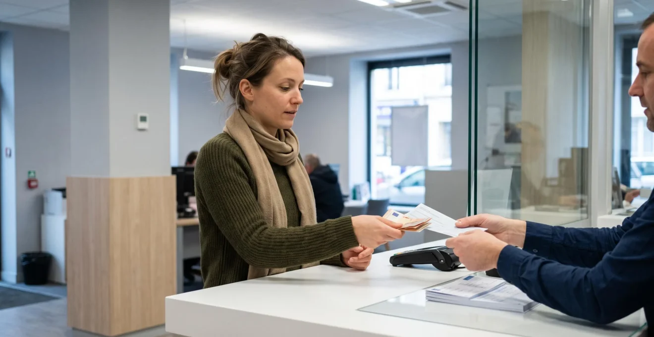 Client effectuant un dépôt d'argent au guichet d'une agence bancaire française