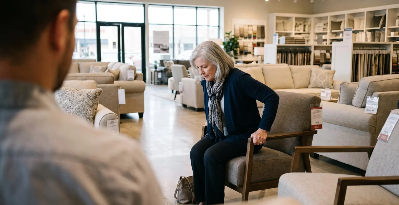 Une senior essaie un fauteuil contemporain dans un magasin de mobilier.
